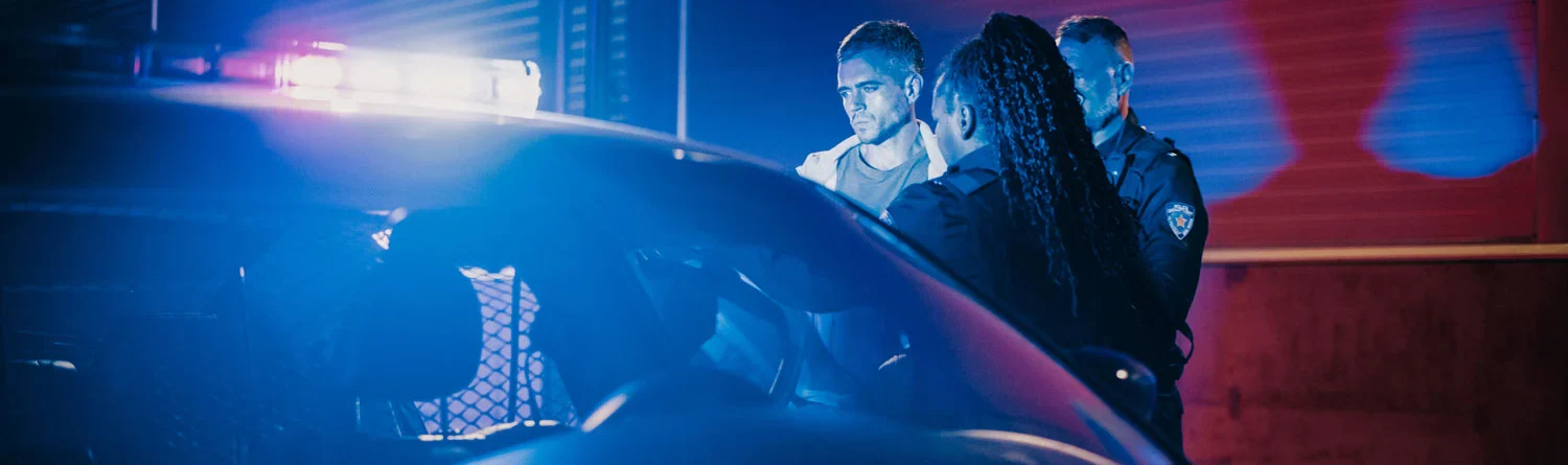 Police officers interact with a person near a patrol car, illuminated by blue and red lights in a nighttime urban setting